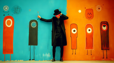 Fashion shot of a beautiful woman in a black coat and a hat on a colorful background.の素材
