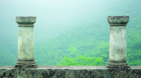 Stone columns on the top of the mountain with foggy background.の素材