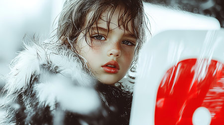 portrait of a beautiful young girl in a fur coat on the streetの素材