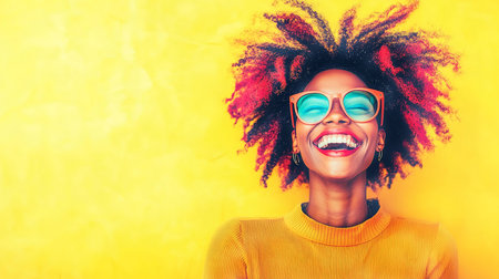 Young afro american woman with afro hairstyle and sunglasses on yellow backgroundの素材