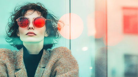 Fashion portrait of young beautiful woman with red sunglasses in the cityの素材