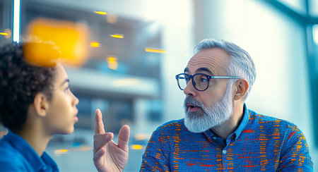 Surprised senior man telling something to his son in the officeの素材