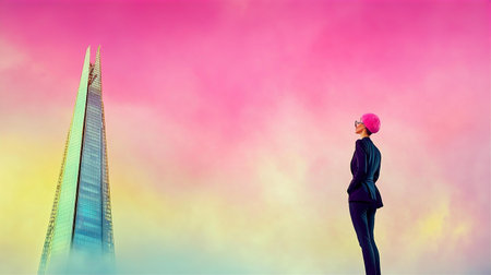 Businesswoman standing in front of modern skyscrapers. Mixed mediaの素材