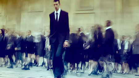 Business people walking in the city. Motion blur effect. Blurred background.の素材