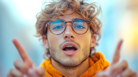 Portrait of a handsome young man with curly hair wearing glasses and a yellow scarf.の素材