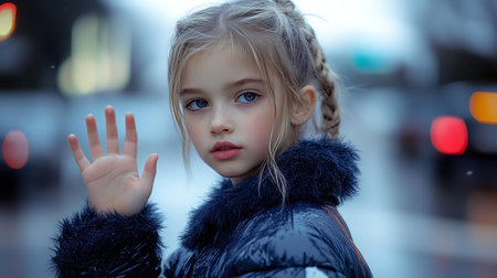 Portrait of a beautiful little girl in a black fur coat on a city streetの素材