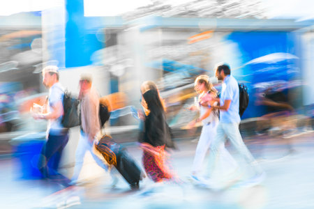 London, UK  Beautiful motion of walking people against a  sunset light.のeditorial素材