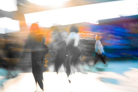 London, UK  Beautiful motion of walking people against a  sunset light.のeditorial素材