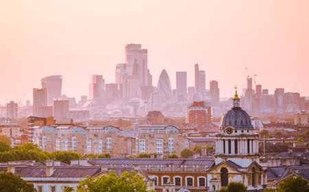 London, UK - August 12, 2025:  City of London at sunset, view from the Greenwich hill.のeditorial素材