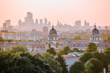 London, UK - August 12, 2025:  City of London at sunset, view from the Greenwich hill.のeditorial素材