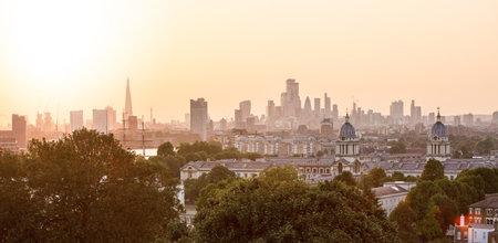 London, UK - August 12, 2025:  City of London at sunset, view from the Greenwich hill.のeditorial素材