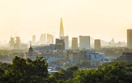 London, UK - August 12, 2025:  City of London at sunset, view from the Greenwich hill.のeditorial素材