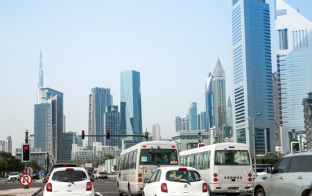UAE, Dubai - August 20, 2024: View at downtown famous skyscrapers from Sheikh Zayed roadのeditorial素材