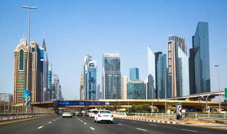 UAE, Dubai - August 20, 2024: View at downtown famous skyscrapers from Sheikh Zayed road
