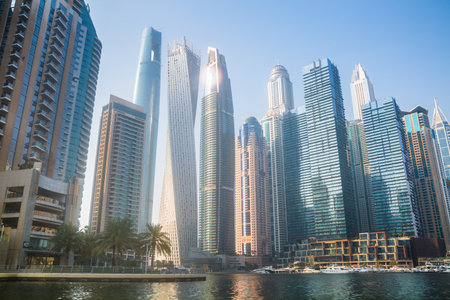 UAE, Dubai - August 26, 2024: Dubai Marina skyscrapers and Dubai beach view from boatのeditorial素材