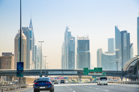 UAE, Dubai - August 20, 2024: View at downtown famous skyscrapers from Sheikh Zayed road
