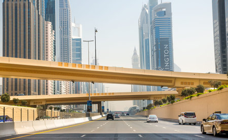 UAE, Dubai - August 20, 2024: View at downtown famous skyscrapers from Sheikh Zayed road