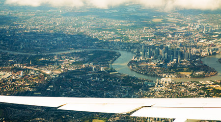 London, UK - 29 August 2024: London view from airplane,  City of London and river Thamesのeditorial素材