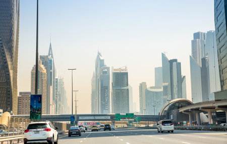 UAE, Dubai - August 20, 2024: View at downtown famous skyscrapers from Sheikh Zayed road