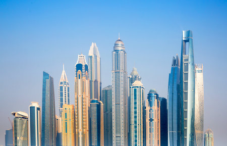 UAE, Dubai - August 26, 2024: Dubai Marina skyscrapers and Dubai beach view from boatのeditorial素材