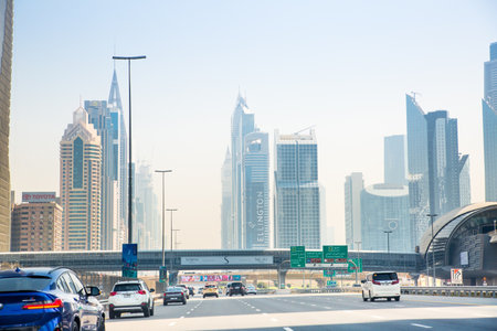 UAE, Dubai - August 20, 2024: View at downtown famous skyscrapers from Sheikh Zayed roadのeditorial素材
