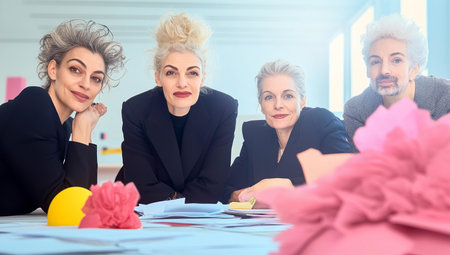 Group of business people sitting at table in office and looking at cameraの素材