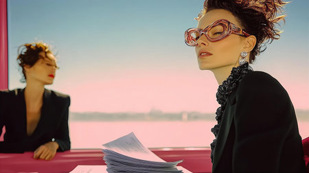 Portrait of a beautiful fashion woman in a black dress and red glassesの素材