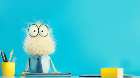 Funny man in office with notebook and pen on blue background.の素材