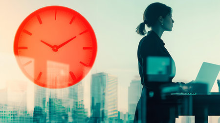 Side view of young businesswoman using laptop and red clock on blurry city background. Time management concept. Double exposureの素材