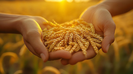 Wheat ears in the hands of a farmer on a wheat fieldの素材