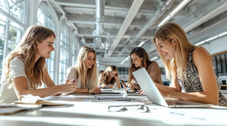 Group of happy young women working together at the table in office.の素材