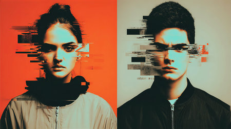 Fashion portrait of young man and woman with different emotions. Double exposureの素材