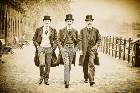 Vintage photo of three men in suits on the street in Londonの素材