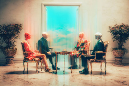 Retro style image of senior couple talking and drinking coffee at homeの素材