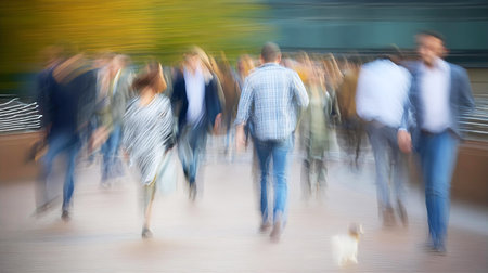 Crowd of people walking in motion blur. Abstract blurred background.の素材
