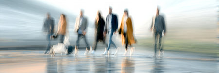 Group of people walking in motion blur. Intentional motion blurの素材