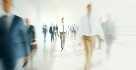 Business people walking in the lobby of a modern office building, motion blurの素材
