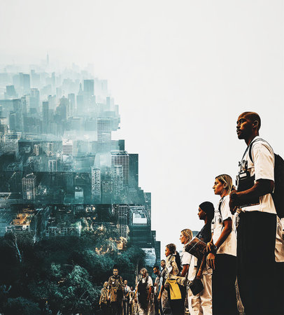 Group of people walking in the city. Business concept. Double exposureの素材