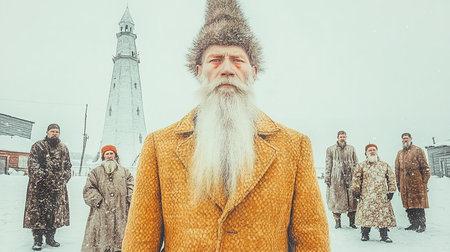 Russian man with long white beard in yellow coat and fur hat on the background of the Kremlinの素材
