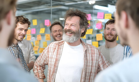 Portrait of a smiling business man looking at camera while standing in officeの素材