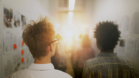 Rear view of a diverse group of people in a gallery.の素材