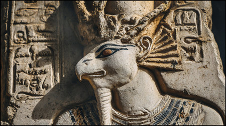 Egyptian stone carvings on the walls of the ancient templeの素材