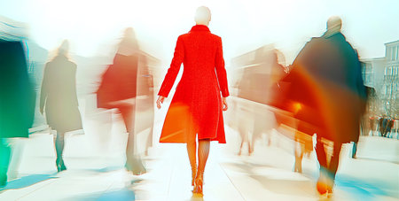 Fashion woman in red dress walking in the city. Blurred background.の素材