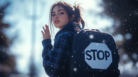 Beautiful young brunette woman with backpack in the winter city.の素材