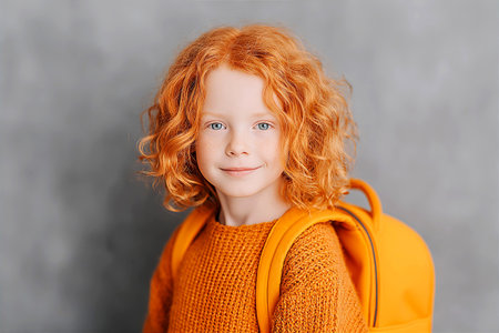 Portrait of a red-haired girl with freckles in an orange sweater.の素材