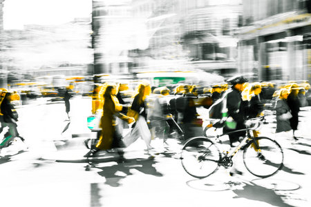 Postmodernism style, artistic motion of people walking in London, crossing Oxford Circus junction at sunny day.の写真素材