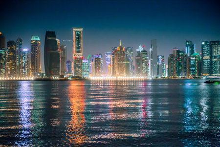 Qatar, Doha - September 7, 2025: Doha city center with skyscrapers night view with beautiful...