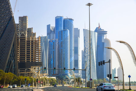Qatar, Doha - September 5, 2025: Doha city with skyscrapers at sunset. View from the Al Corniche