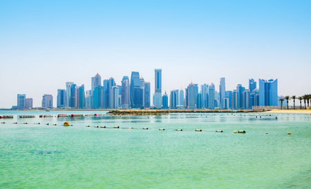 Qatar, Doha - September 7, 2025: Doha city Skyscrapers view from the beach