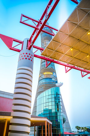 Qatar, Doha - September 8, 2025:   Hotel Torch and Khalifa International Stadium view at sunset